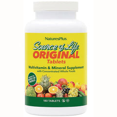 NTP041 | NaturesPlus Source of Life Original tablets multivitamin bottle with yellow label and fruit images, 180 tablets
