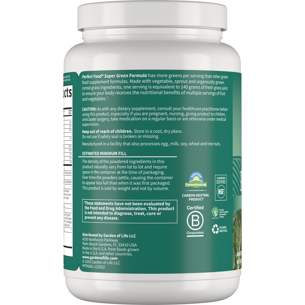 GLF031 | back label of green supplement jar showing caution, ingredient and estimated fill information and certification icons - Thumbnail