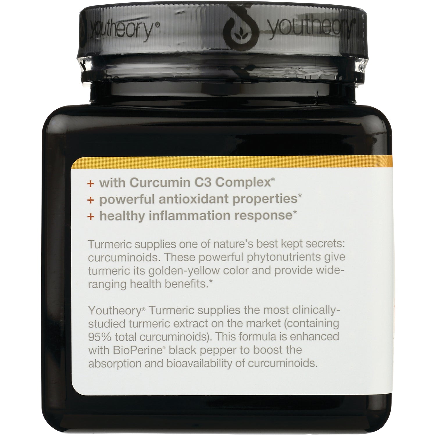 YOU008 | Youtheory Turmeric bottle panel: with Curcumin C3 Complex, powerful antioxidant properties, healthy inflammation response