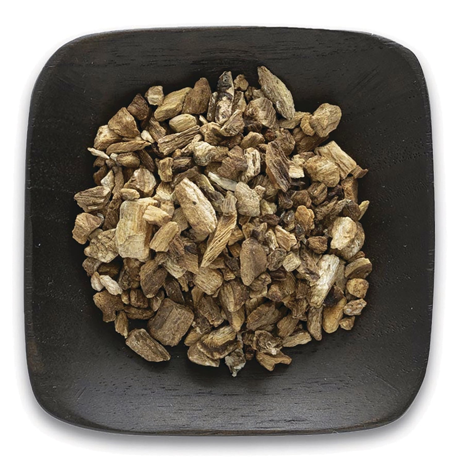 FNP391 | Dried chopped root pieces in a dark square bowl