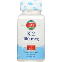 KL523 | KAL K-2 100 mcg dietary supplement bottle, 60 VegCaps, Vitamin K-2 as MK-7