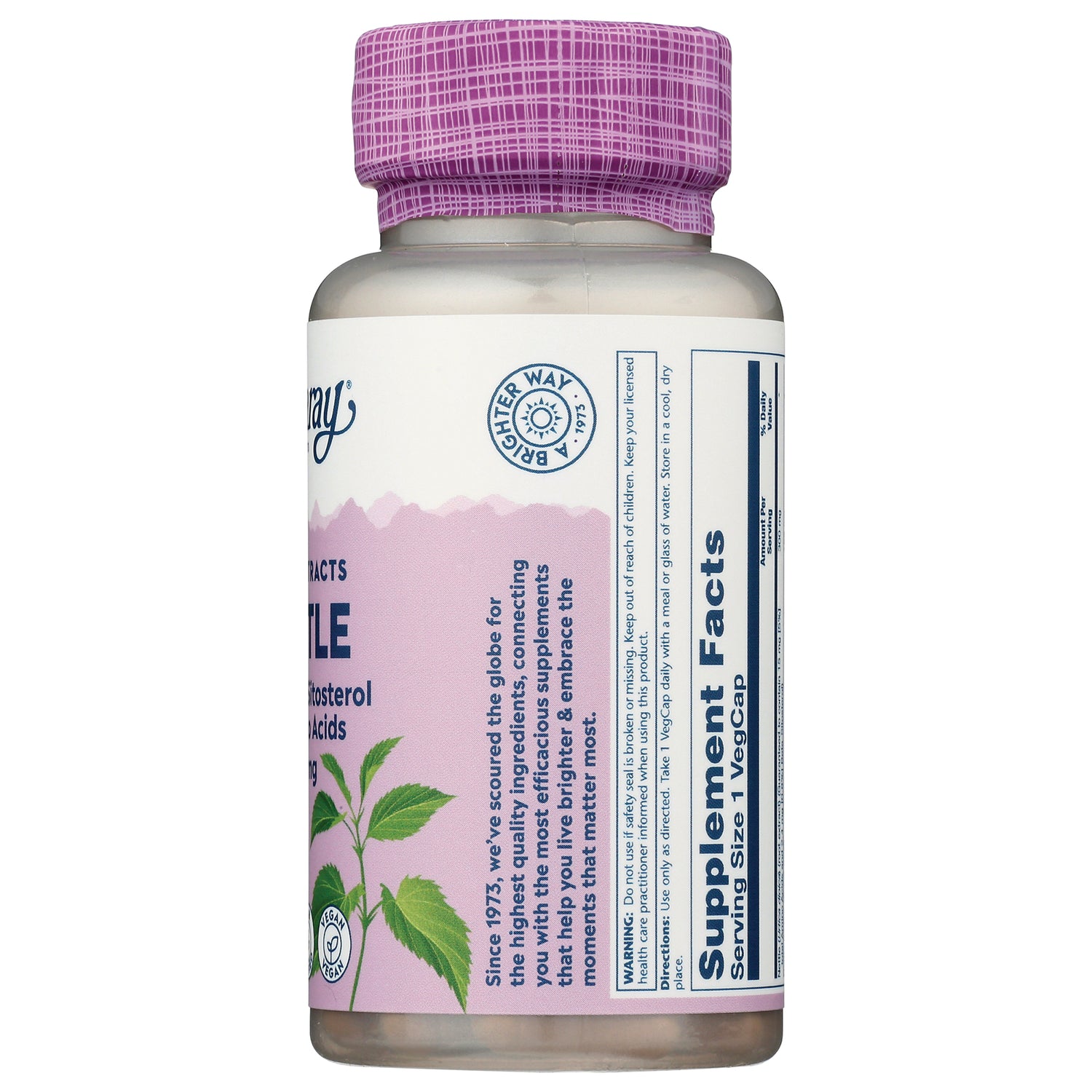 SLR385 | Back of supplement bottle showing Supplement Facts panel, ingredient text, pink label and purple cap