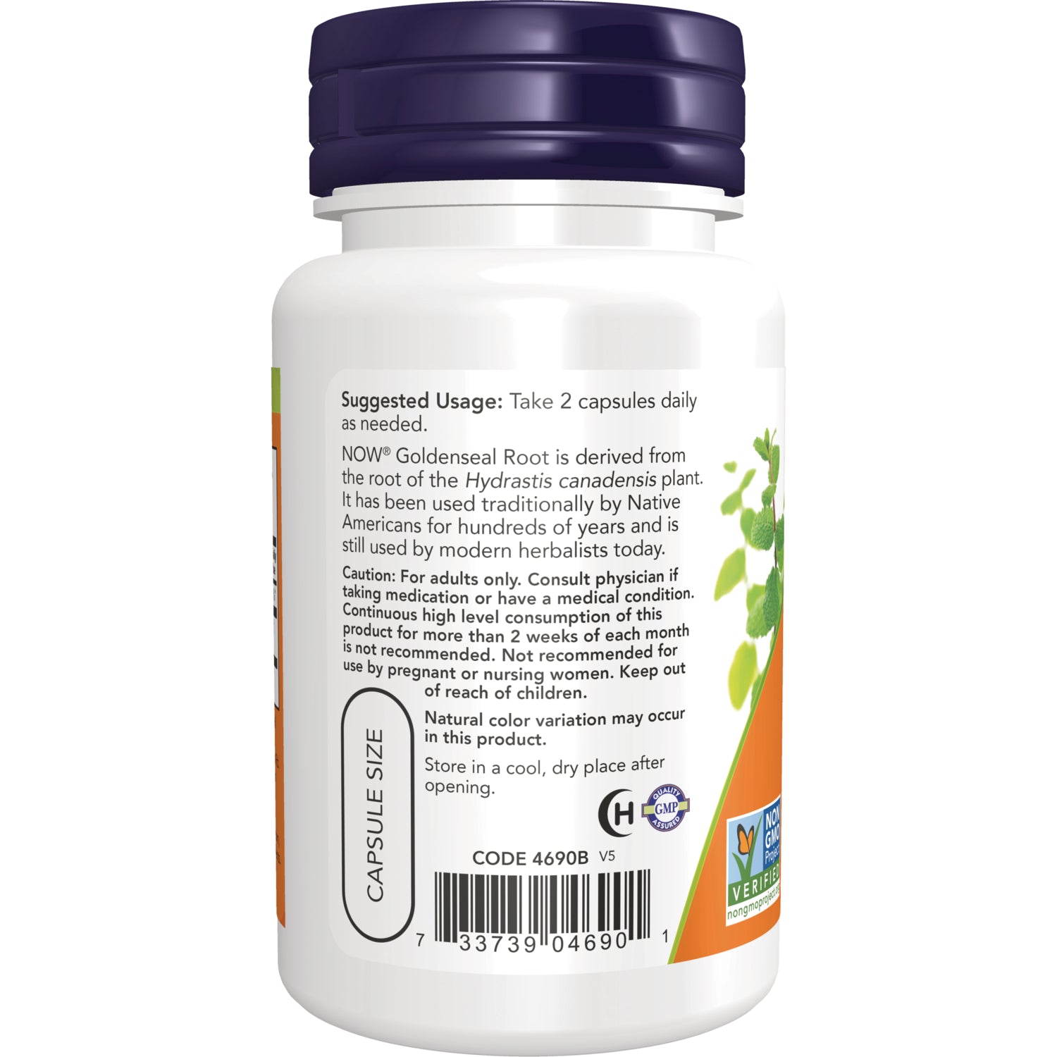 NWF399 | Back label of white supplement bottle showing suggested usage, cautions, barcode and capsule size