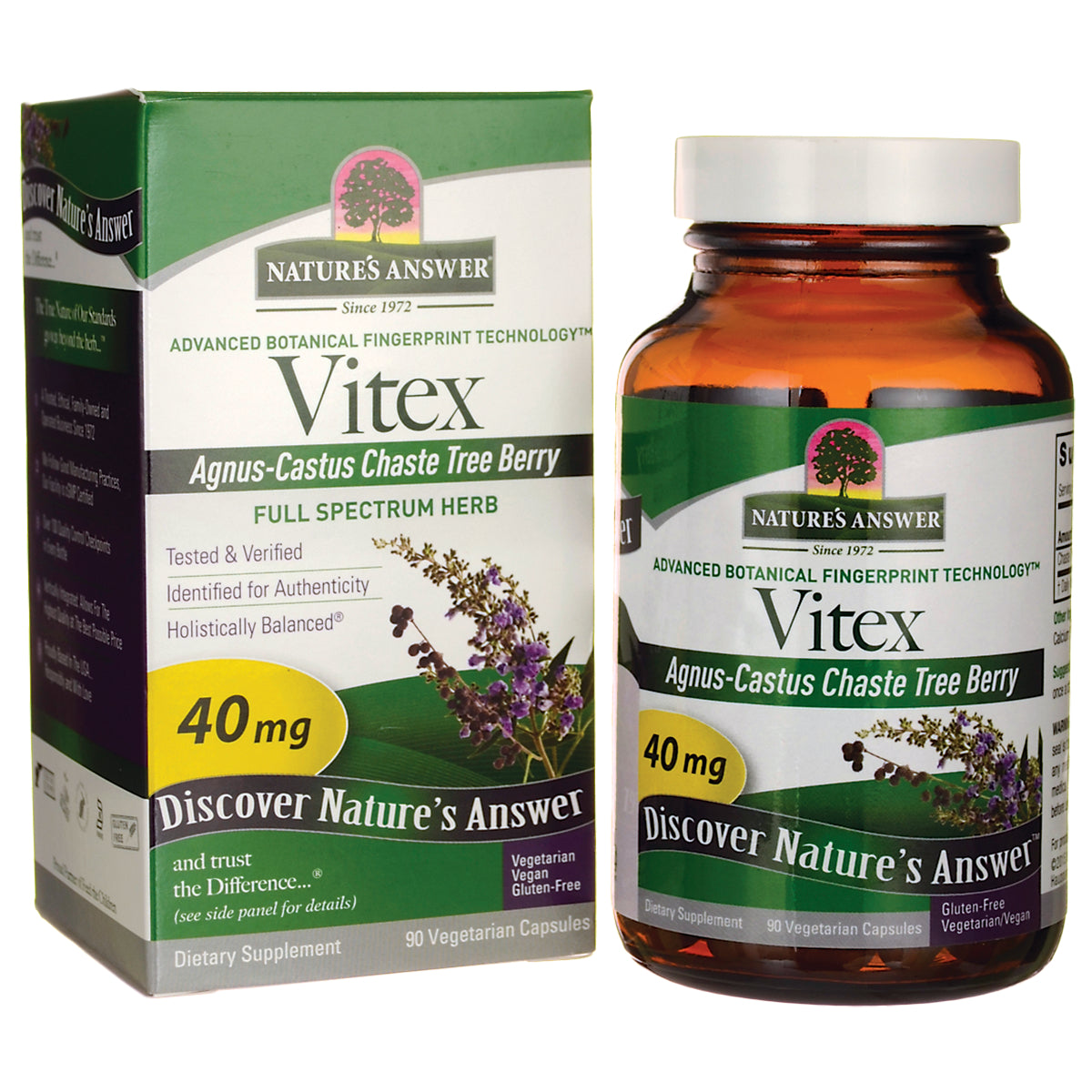 NAT173 | Vitex Agnus-Castus chaste tree berry 40 mg bottle and box, Nature's Answer dietary supplement 90 vegetarian capsules