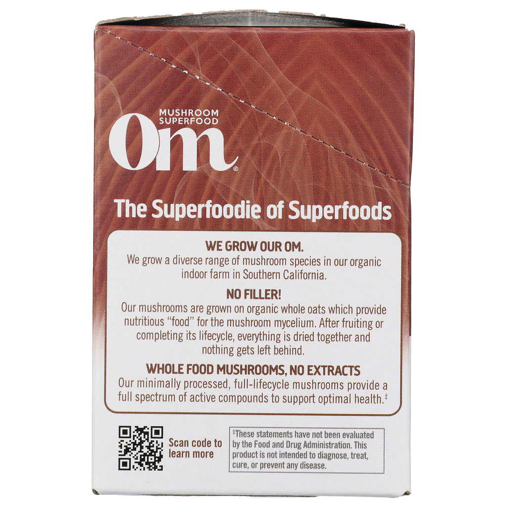 Om mushroom superfood box infographic panel stating The Superfoodie of Superfoods, whole food mushrooms details and QR code - Thumbnail