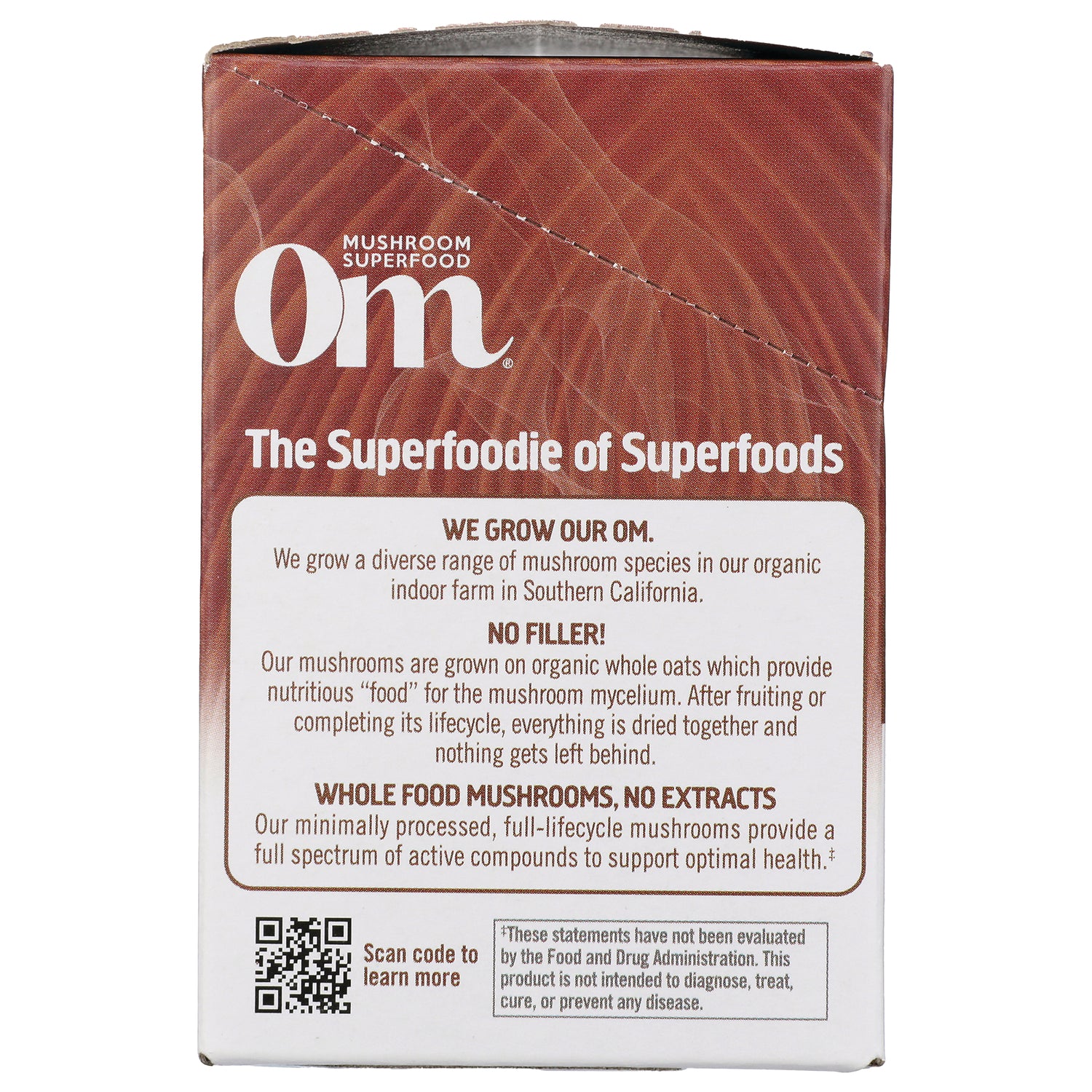 Om mushroom superfood box infographic panel stating The Superfoodie of Superfoods, whole food mushrooms details and QR code