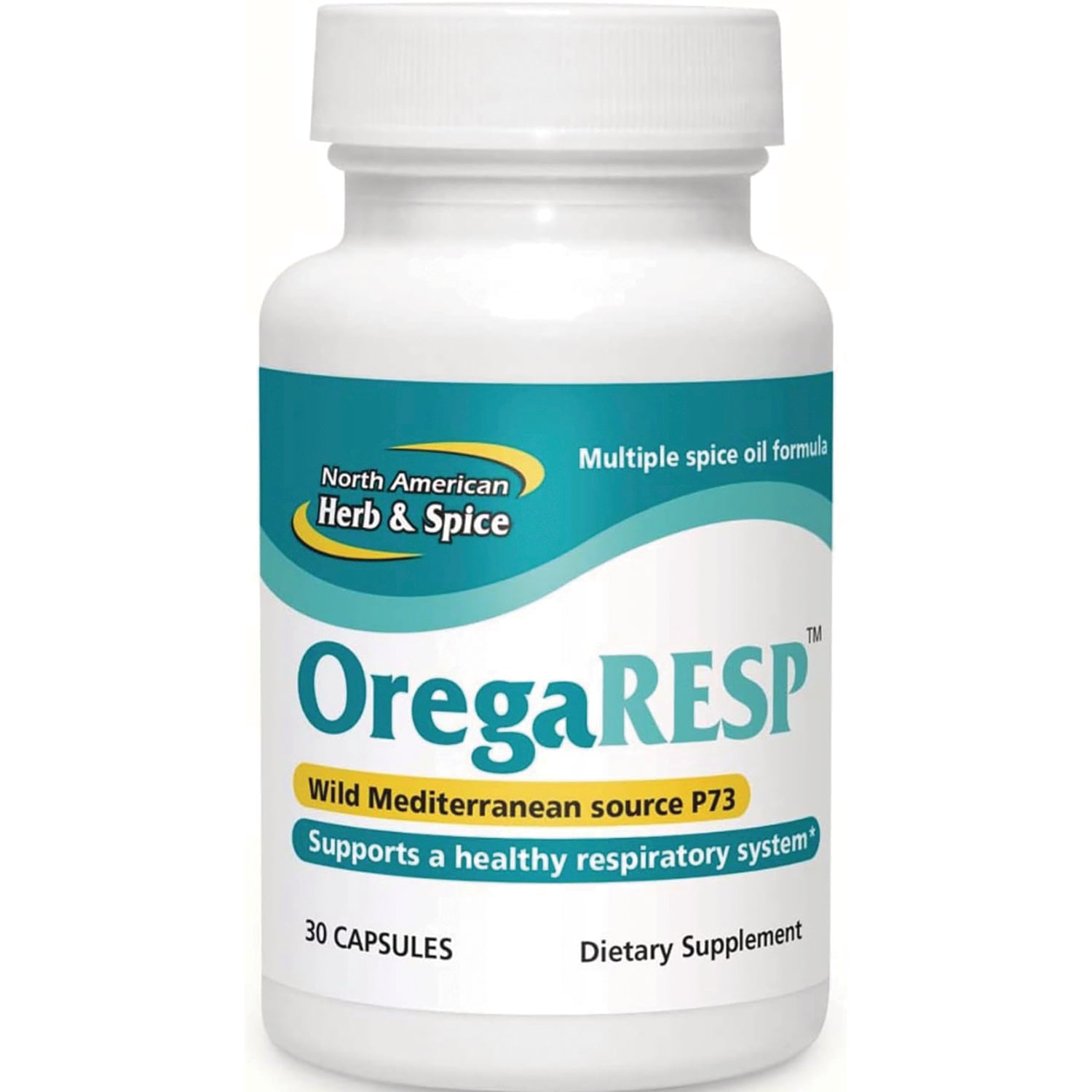 NHS071 | White supplement bottle labeled OregaRESP Wild Mediterranean source P73 supports a healthy respiratory system 30 capsules