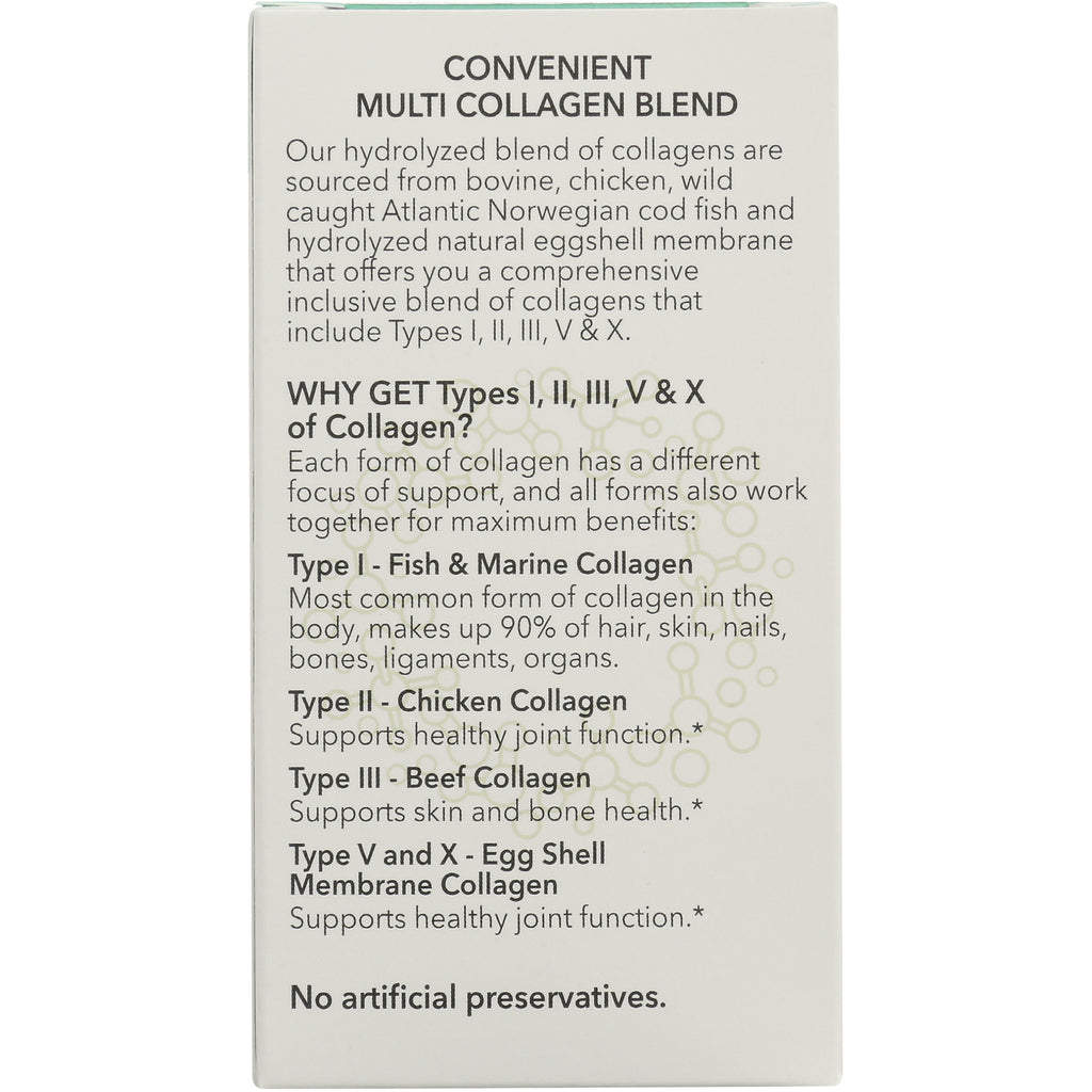 NAT410 | product infographic listing multi collagen blend, Types I, II, III, V & X sources and benefits, No artificial preservatives - Thumbnail