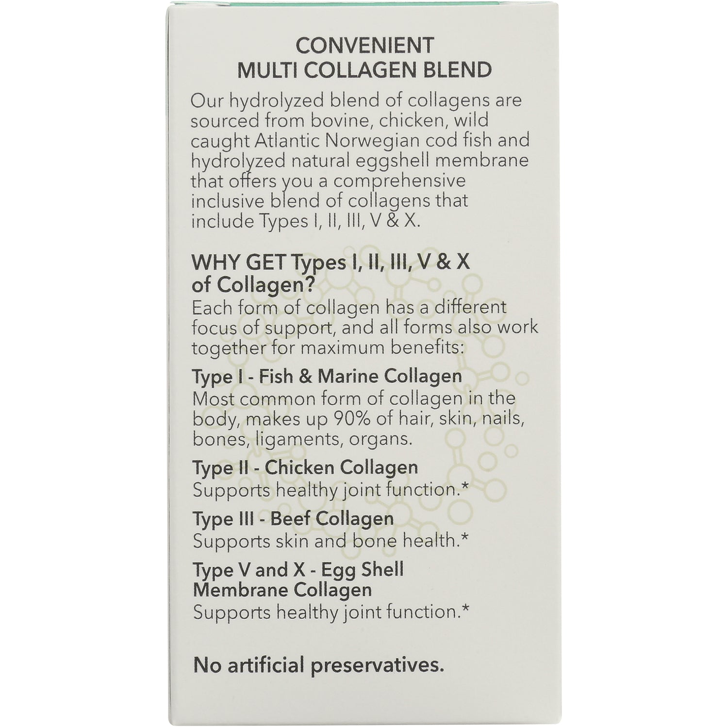 NAT410 | product infographic listing multi collagen blend, Types I, II, III, V & X sources and benefits, No artificial preservatives