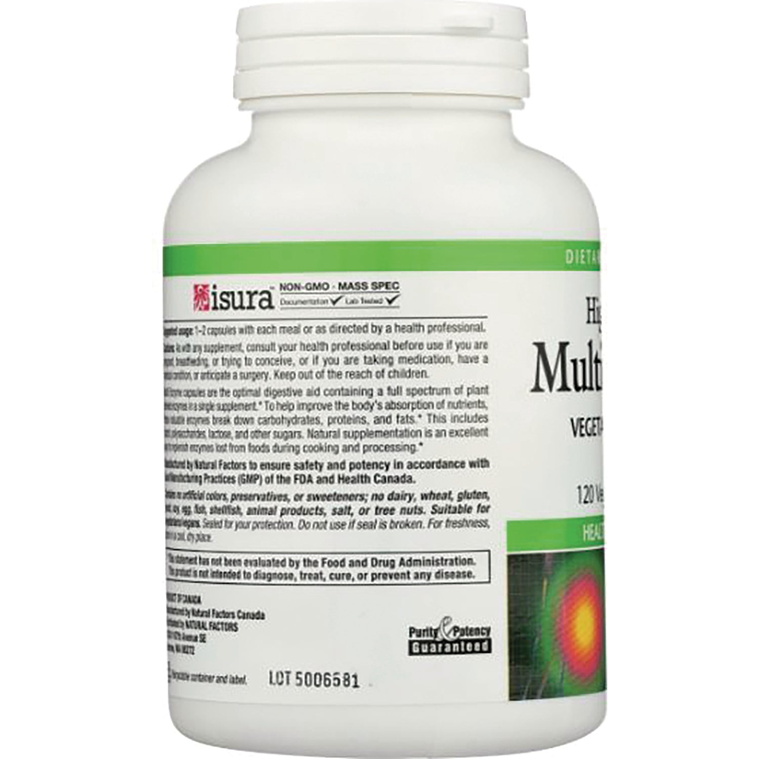 NFC074 | back label of white supplement bottle showing ingredient text, lot number 5006581 and small multicolor graphic