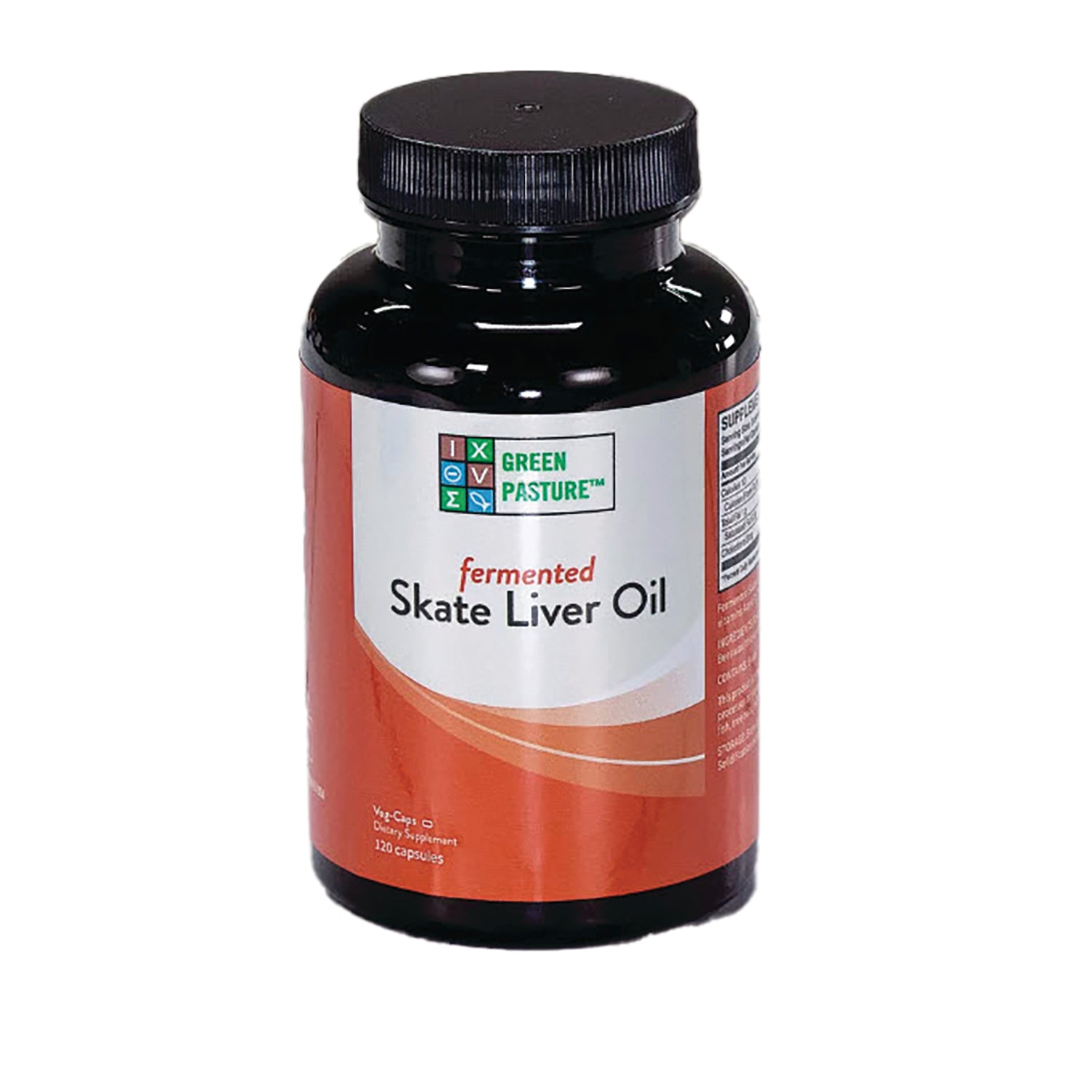 GRP013 | Fermented Skate Liver Oil supplement bottle labeled Green Pasture