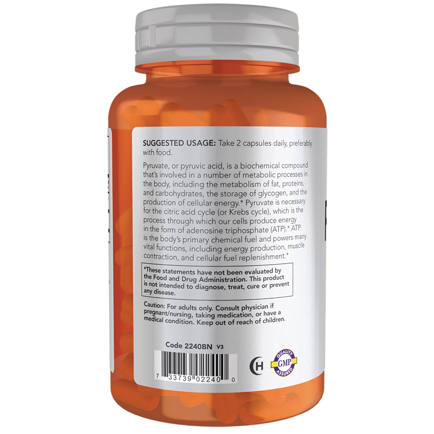 NWF1397 | Back of orange supplement bottle showing suggested usage text, warnings, and barcode