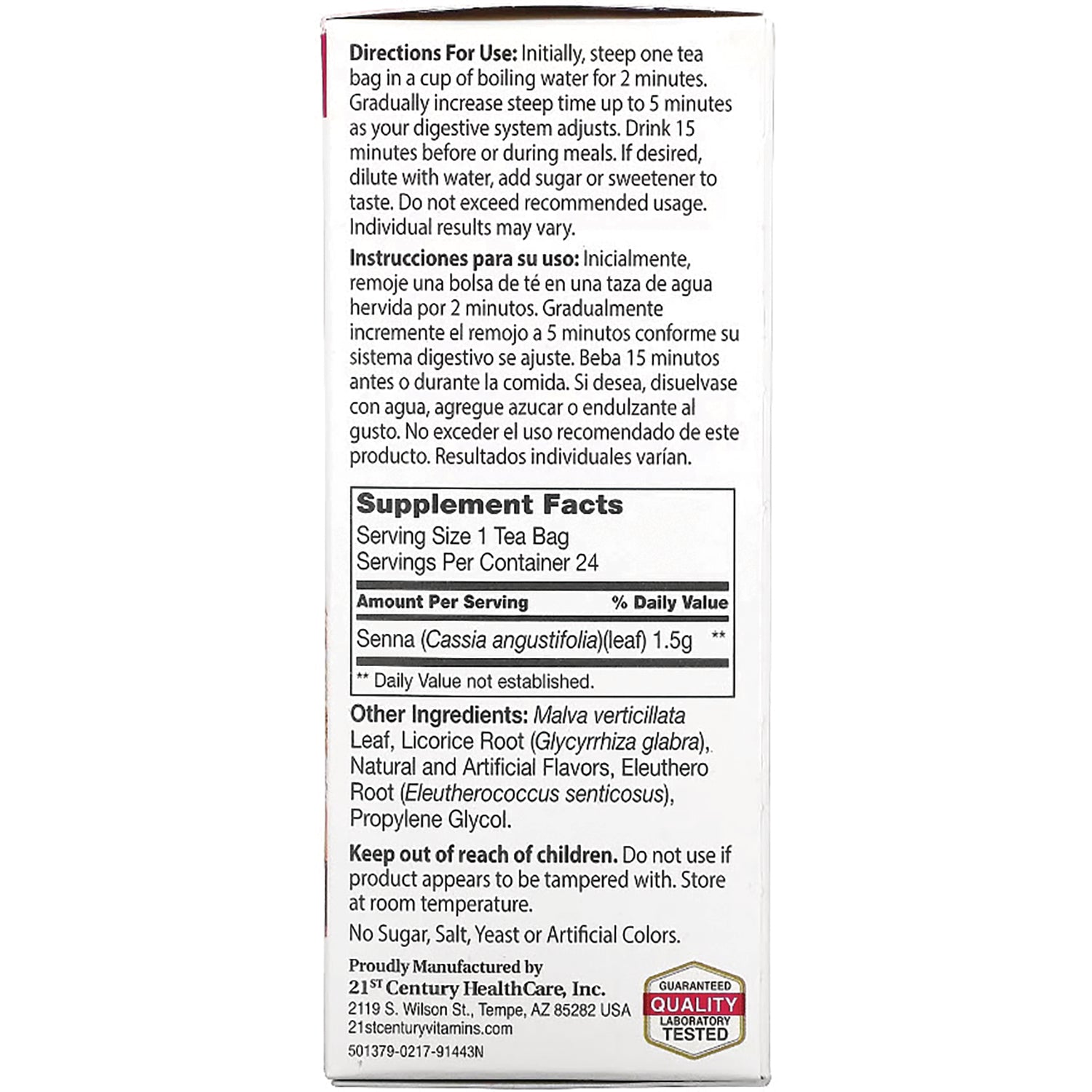 Supplement Facts and directions on back of tea box showing serving size, ingredients, and warnings
