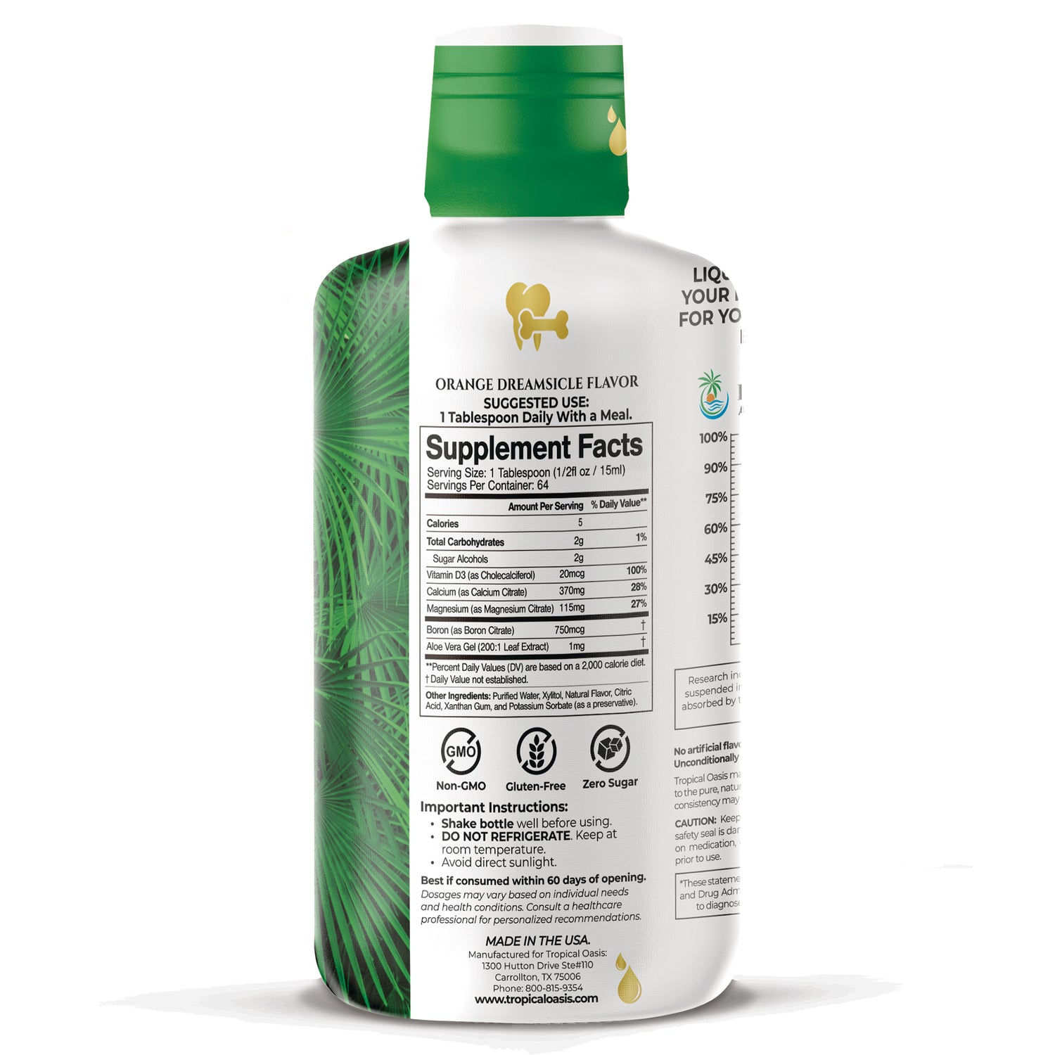 TPL027 | Back of liquid supplement bottle showing Supplement Facts and instructions, Orange Dreamsicle flavor