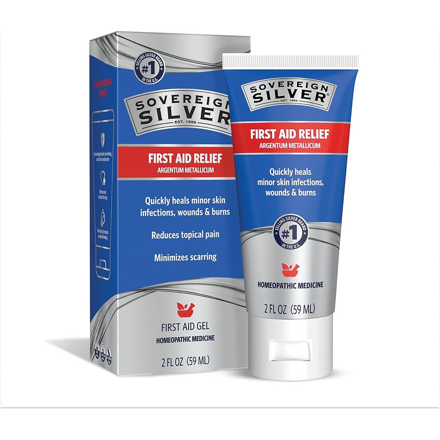 SSL004 | Sovereign Silver First Aid Gel topical healing, box and 2 fl oz tube front