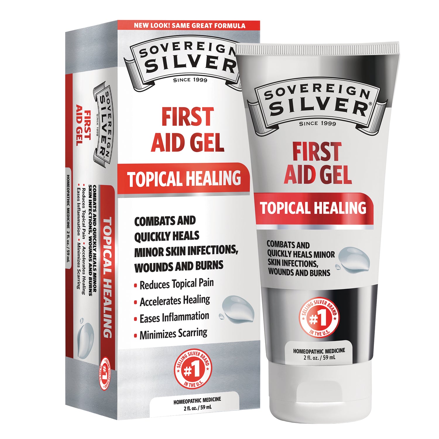 SSL004 | Sovereign Silver First Aid Gel topical healing, box and 2 fl oz tube front