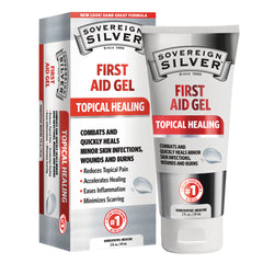 SSL004 | Sovereign Silver First Aid Gel topical healing, box and 2 fl oz tube front