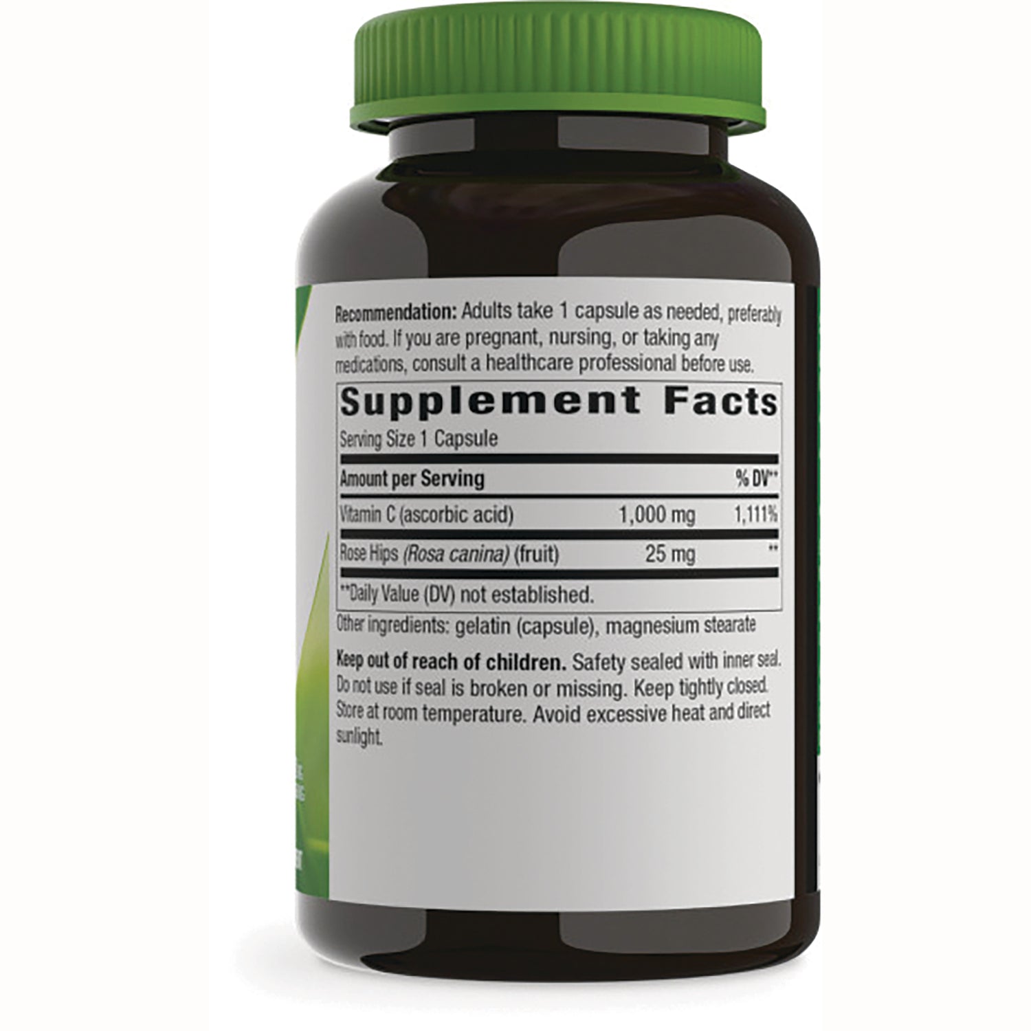 NW346 | Back of brown supplement bottle showing Supplement Facts label listing Vitamin C 1,000 mg, rose hips 25 mg and warnings
