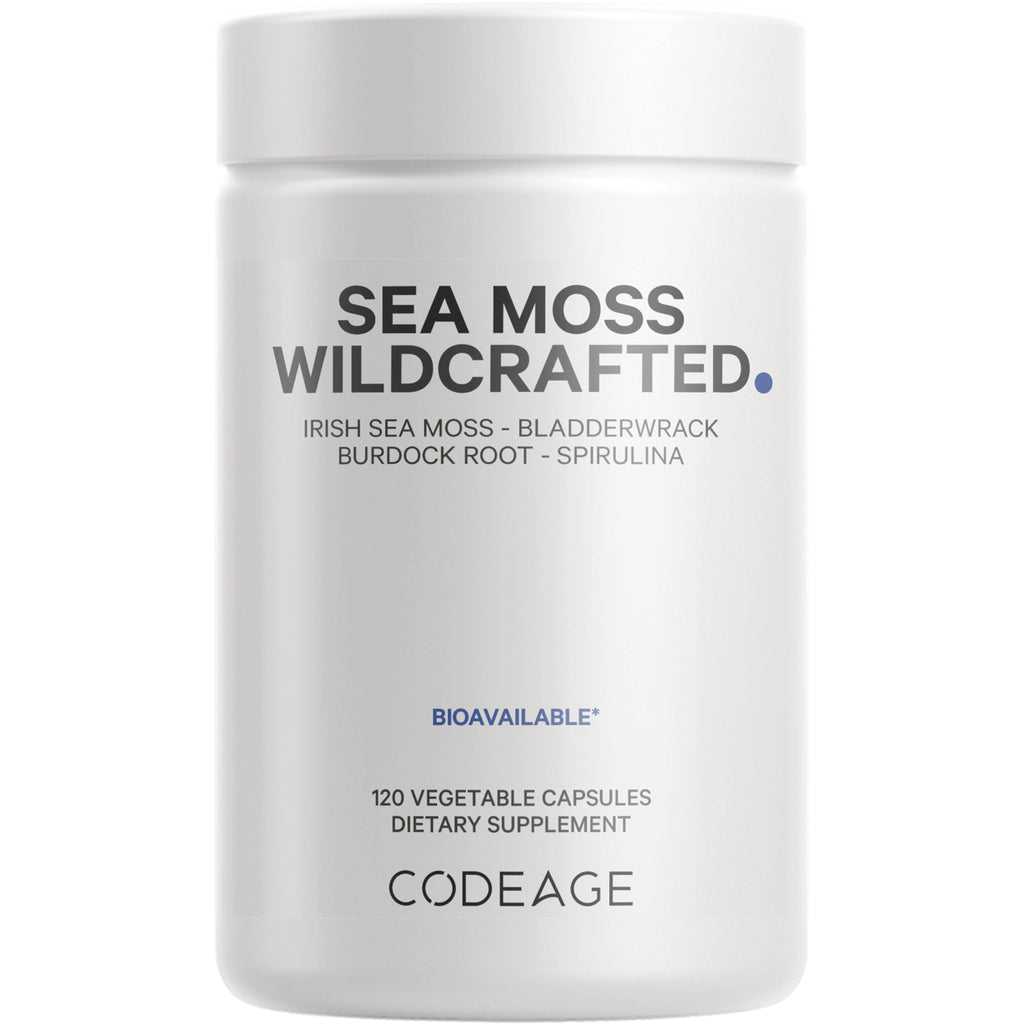 CDG022 | White supplement bottle labeled SEA MOSS WILDCRAFTED, 120 vegetable capsules, brand CODEAGE - Thumbnail