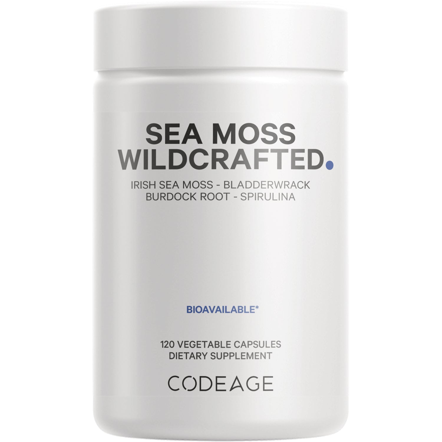 CDG022 | White supplement bottle labeled SEA MOSS WILDCRAFTED, 120 vegetable capsules, brand CODEAGE