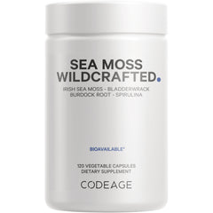 CDG022 | White supplement bottle labeled SEA MOSS WILDCRAFTED, 120 vegetable capsules, brand CODEAGE