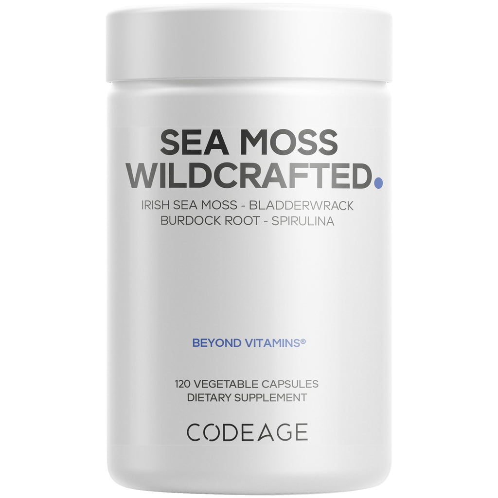 CDG022 | White supplement bottle labeled SEA MOSS WILDCRAFTED, 120 vegetable capsules, brand CODEAGE - Thumbnail