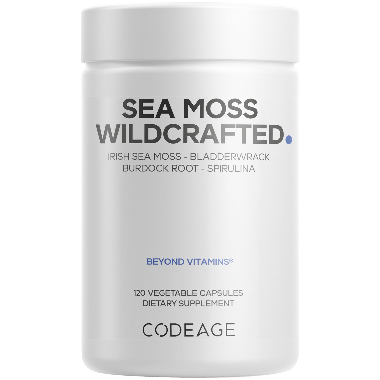 CDG022 | White supplement bottle labeled SEA MOSS WILDCRAFTED, 120 vegetable capsules, brand CODEAGE