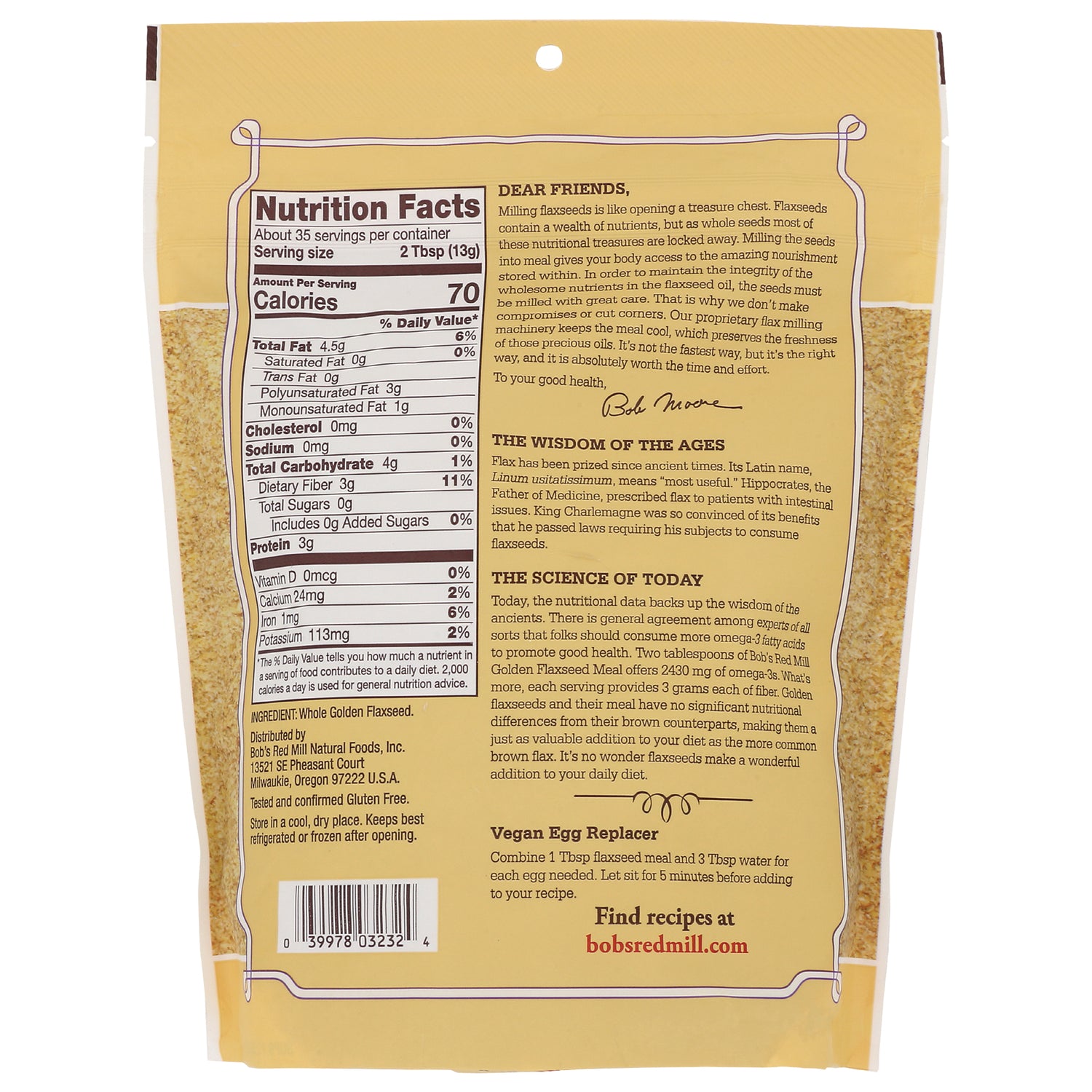 BOB264 | Back of yellow bag showing nutrition facts panel, ingredient list, barcode and vegan egg replacer instructions