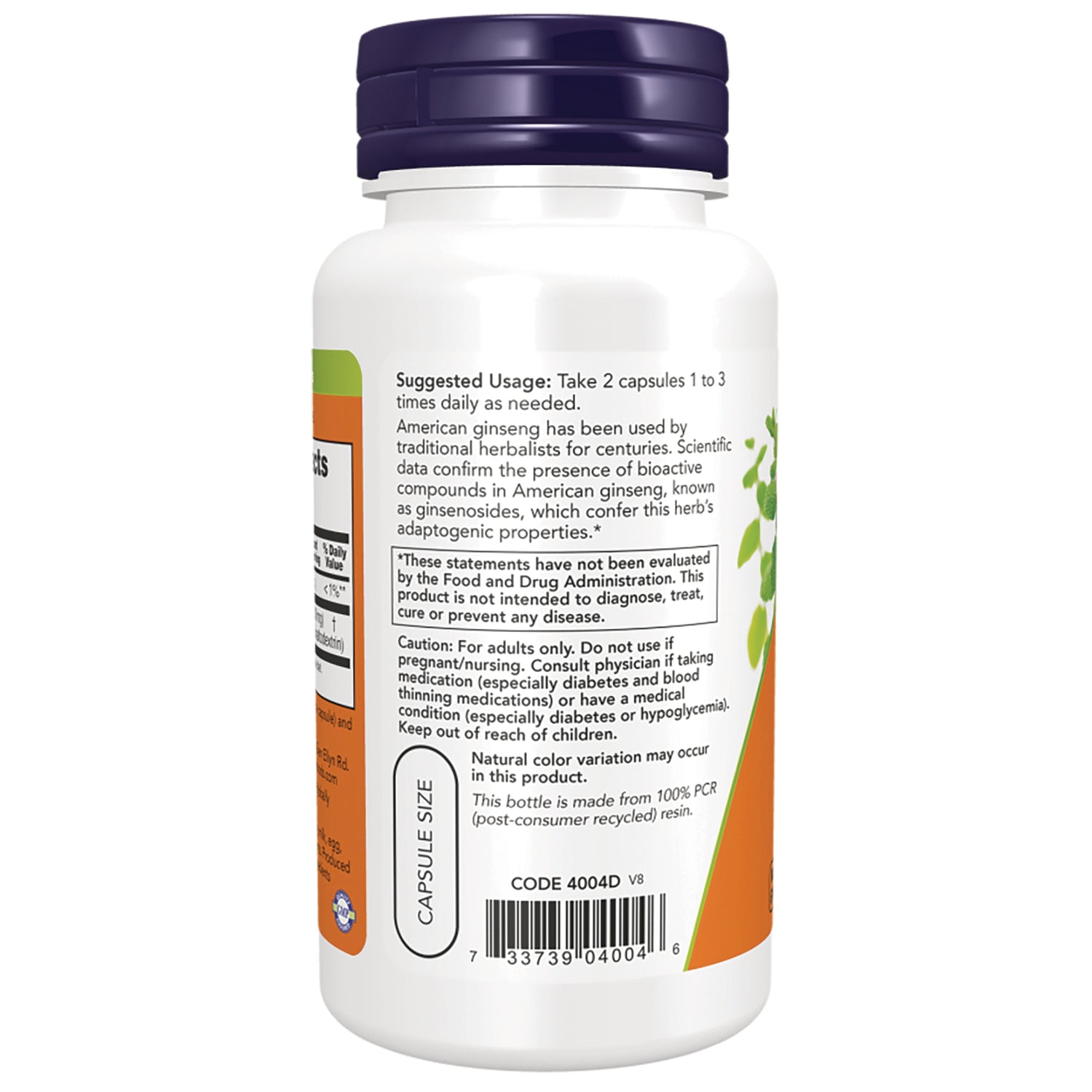 NWF1380 | back of white supplement bottle with suggested usage, warnings, capsule size label and barcode