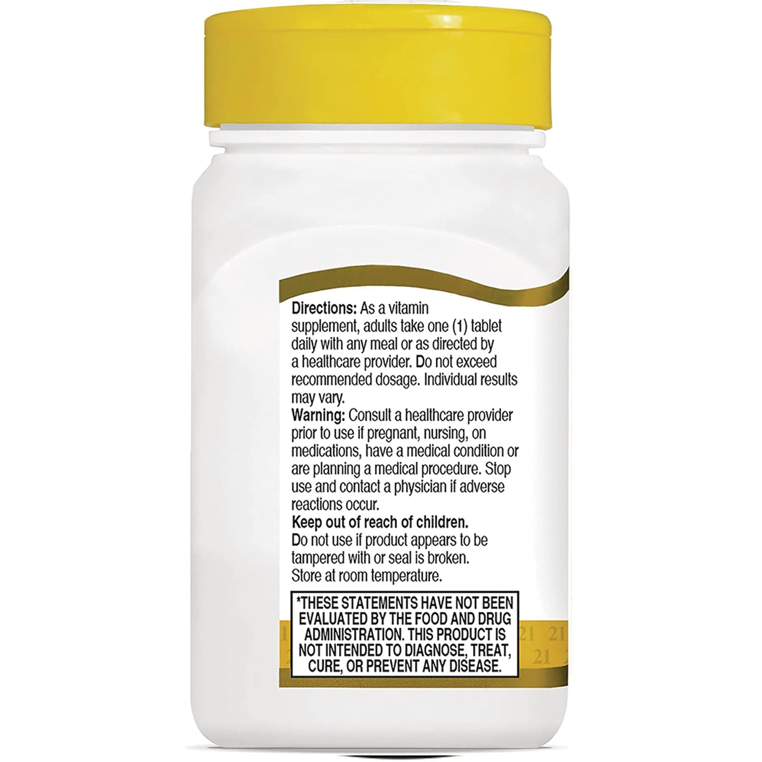 CNT163 | Back label showing directions, warnings, and FDA disclaimer on white supplement bottle with yellow cap