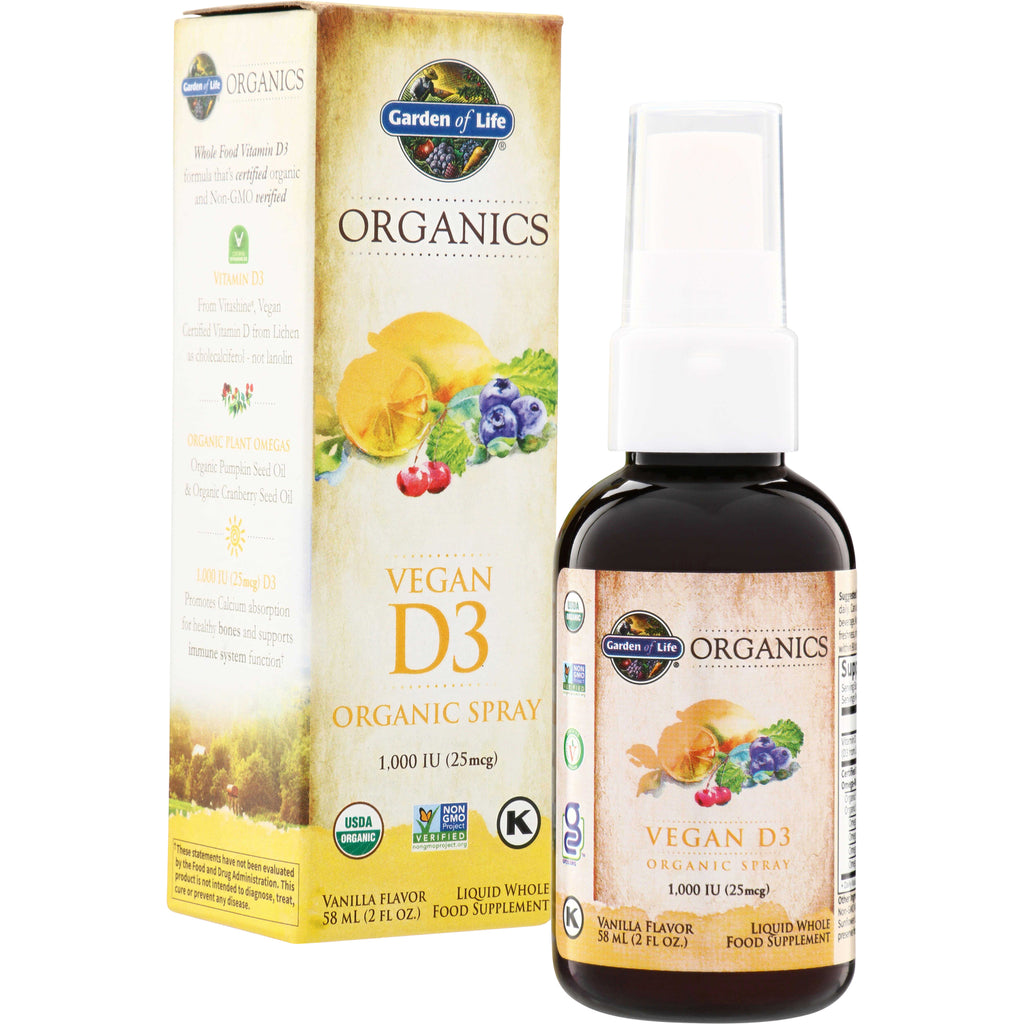 GLF187 | Garden of Life Organics Vegan D3 Organic Spray 1,000 IU (25 mcg), vanilla flavor, 58 mL box and bottle - Thumbnail