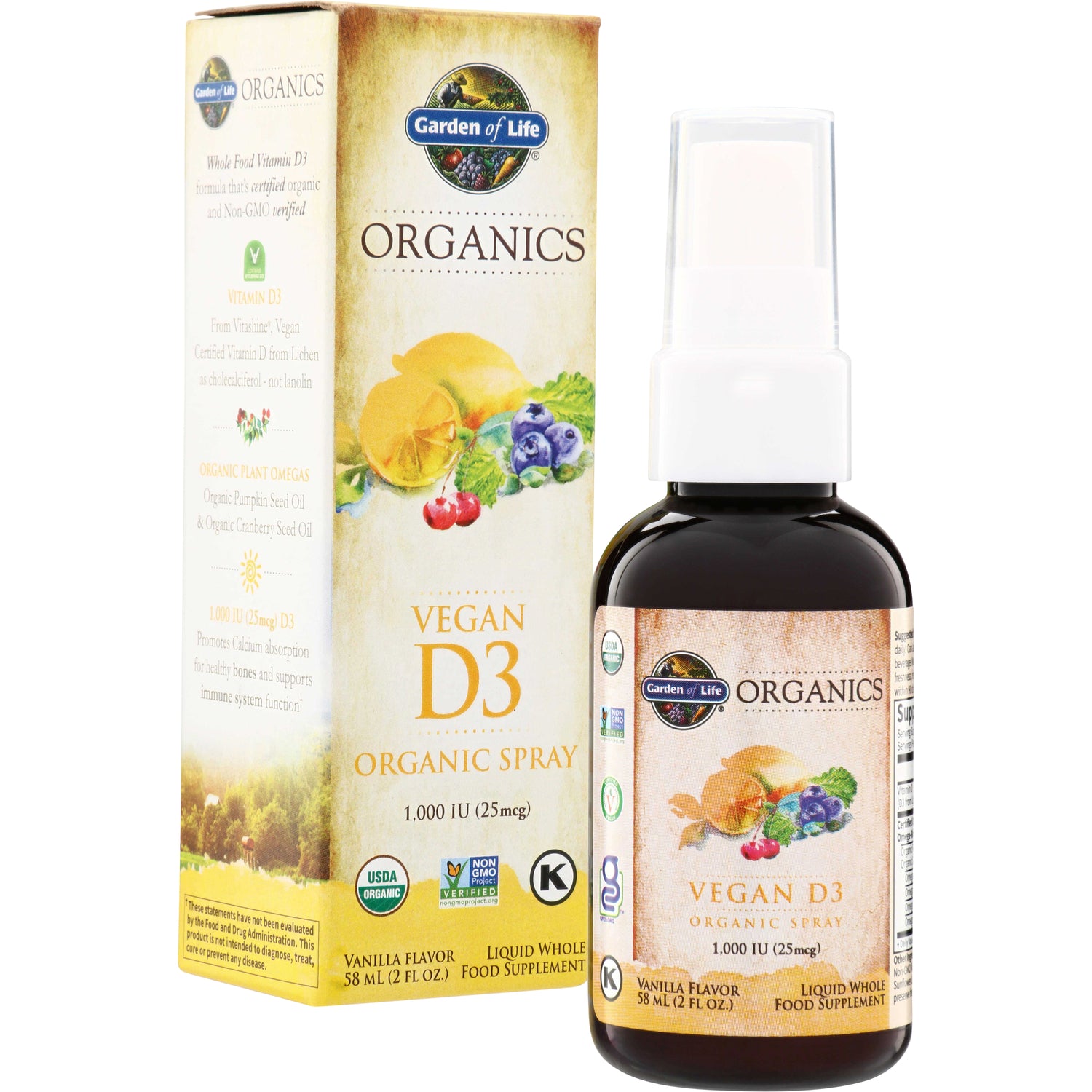 GLF187 | Garden of Life Organics Vegan D3 Organic Spray 1,000 IU (25 mcg), vanilla flavor, 58 mL box and bottle