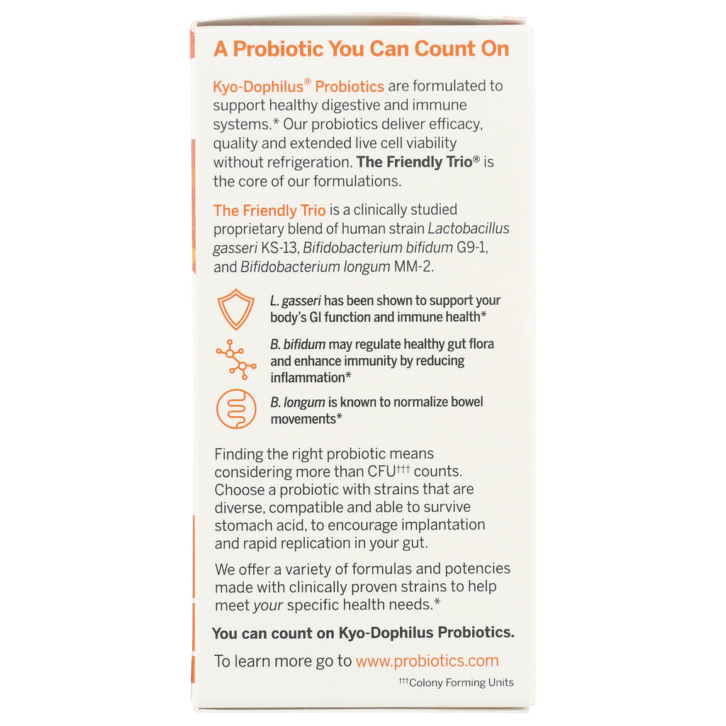 KY028 | product infographic for Kyo-Dophilus Probiotics listing The Friendly Trio strains and benefits - Thumbnail