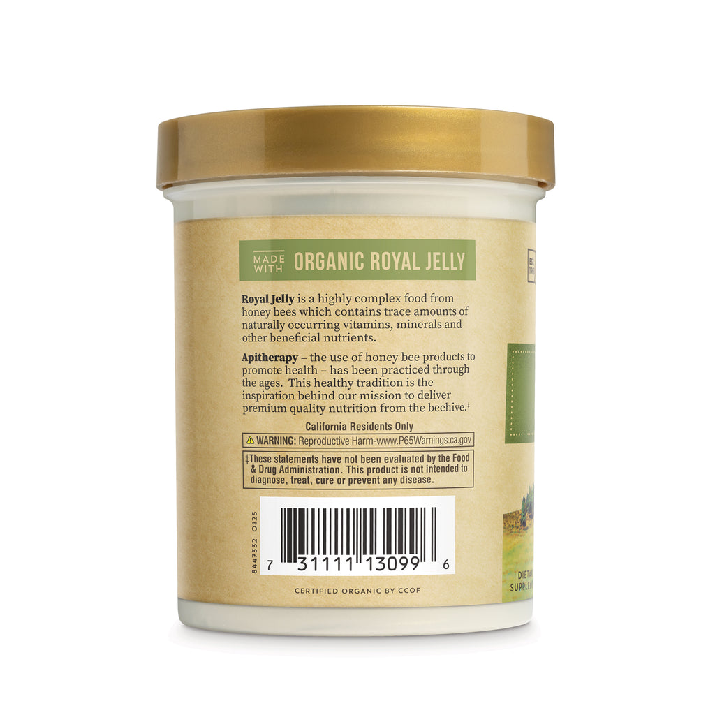 HGR008 | back label of organic royal jelly jar showing product description, California warning, and barcode - Thumbnail