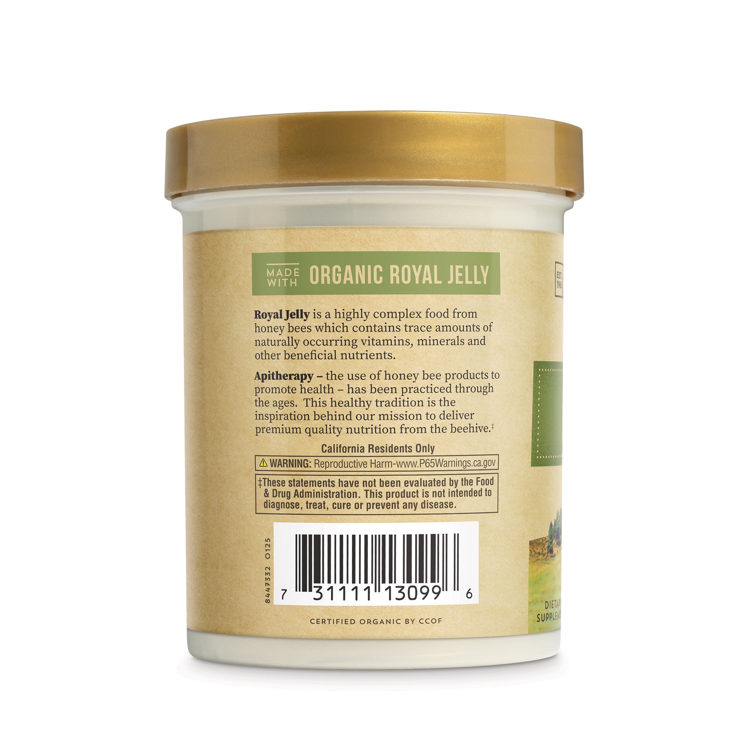 HGR008 | back label of organic royal jelly jar showing product description, California warning, and barcode
