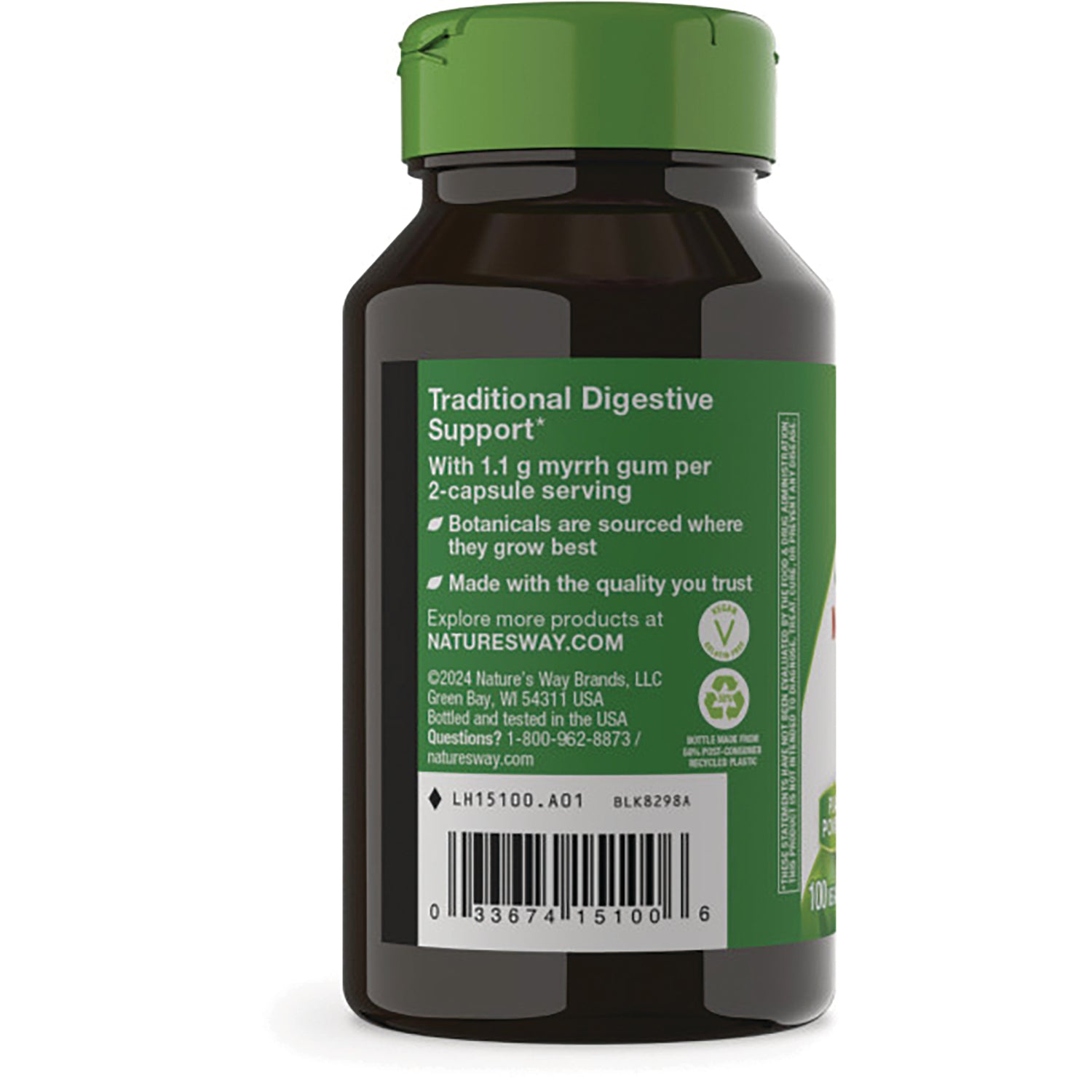 NW156 | Back label of brown supplement bottle reading Traditional Digestive Support, barcode and company info