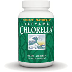 SN148 | Source Naturals Yaeyama Chlorella bottle front with green label, wave artwork, 200 mg 600 tablets dietary supplement