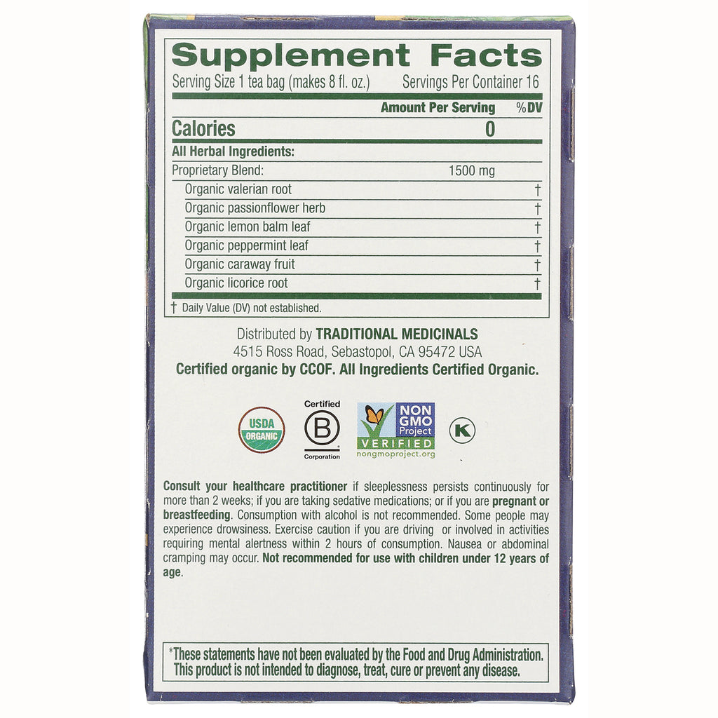 TMD048 | Supplement Facts panel with organic valerian, passionflower, lemon balm, peppermint, caraway, licorice - Thumbnail