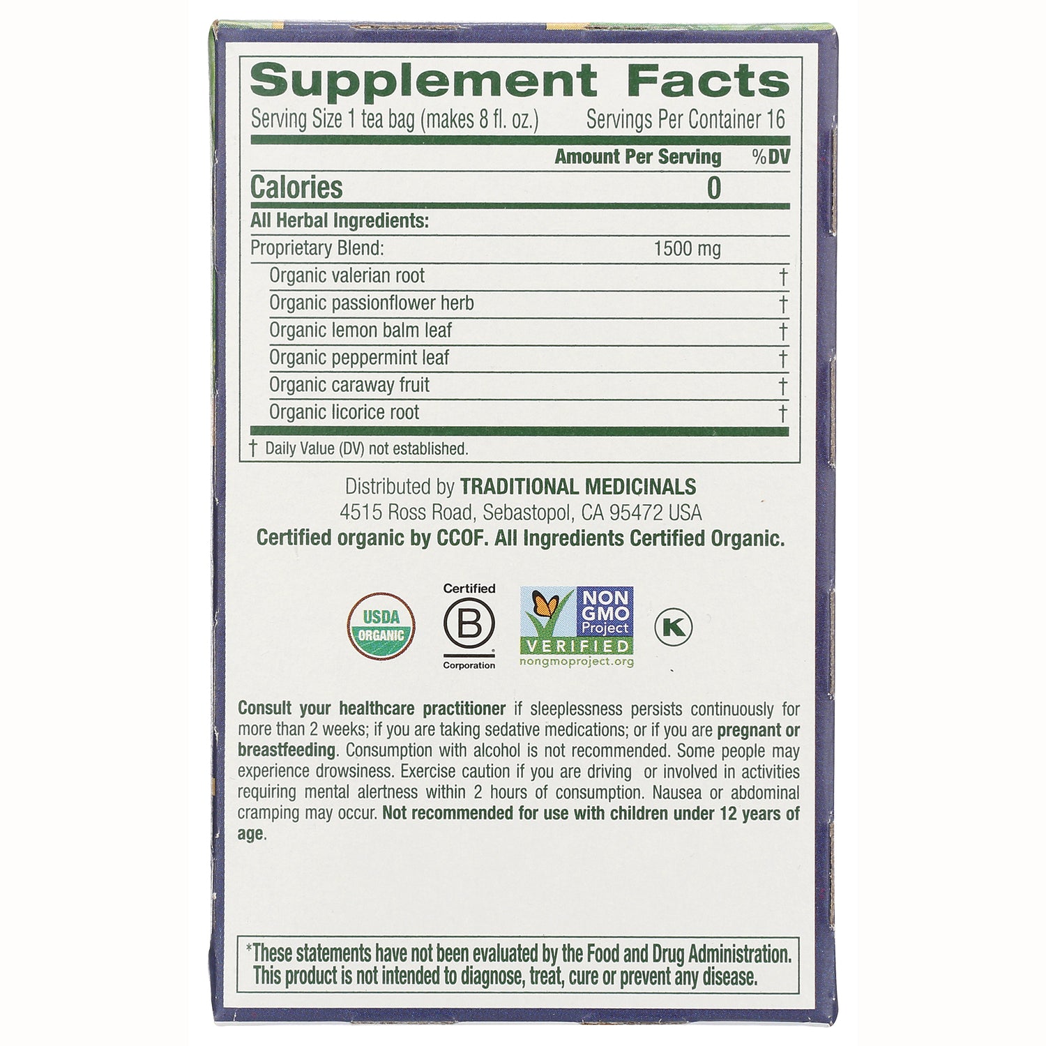 TMD048 | Supplement Facts panel with organic valerian, passionflower, lemon balm, peppermint, caraway, licorice
