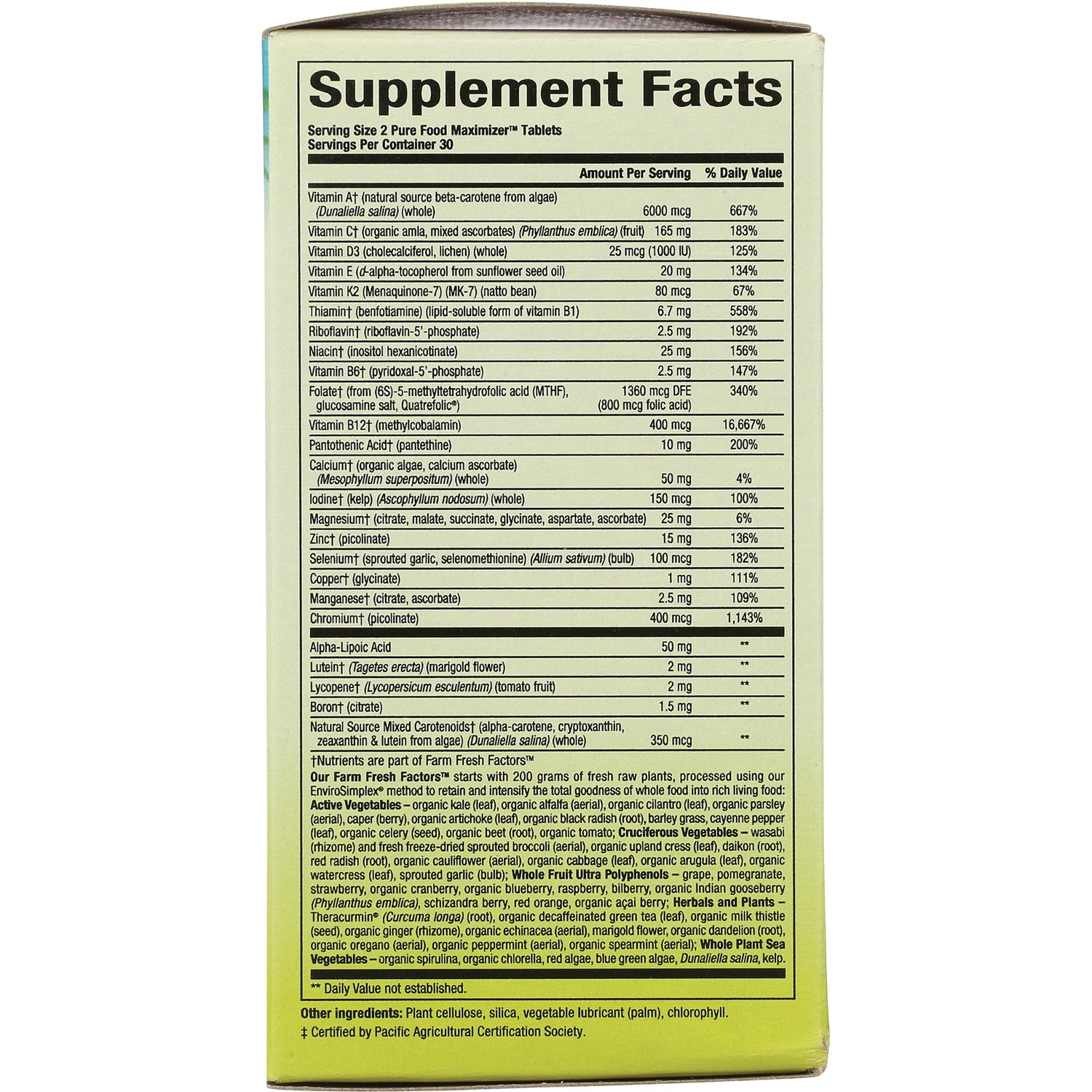 NFC177 | Supplement Facts panel and ingredient list on green box back