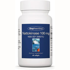 ARG010 | White supplement bottle with blue label reading Nattokinase 100 mg NSK-SD 2000 FU and 60 softgels