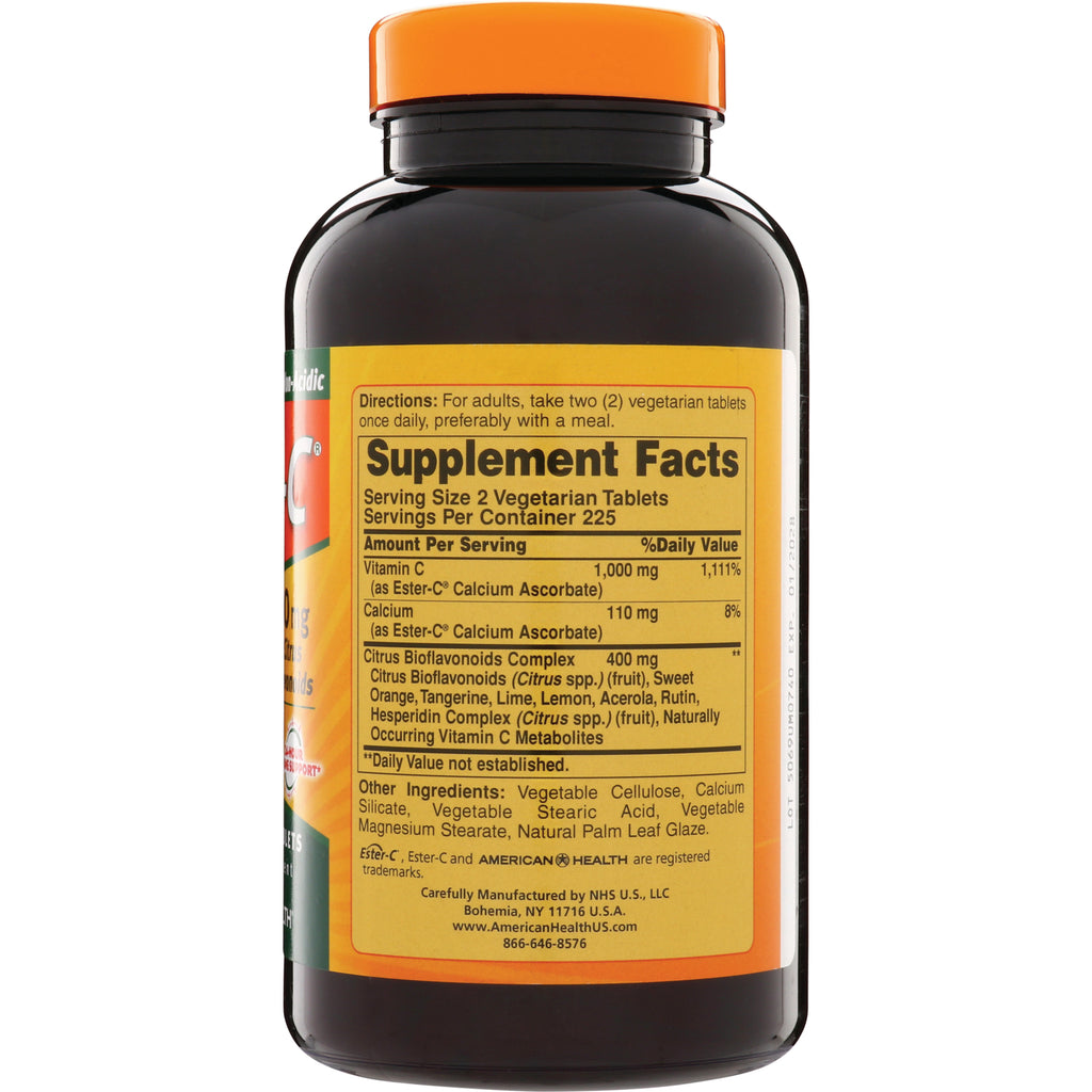 AM121 | Back of supplement bottle showing Supplement Facts panel: Vitamin C 1,000 mg, serving size 2 vegetarian tablets - Thumbnail