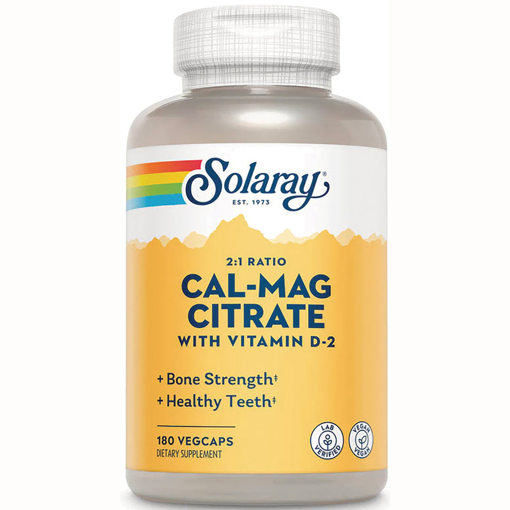 SLR182 | Solaray Cal-Mag Citrate bottle with vitamin D-2, 180 vegcaps, yellow label - Thumbnail