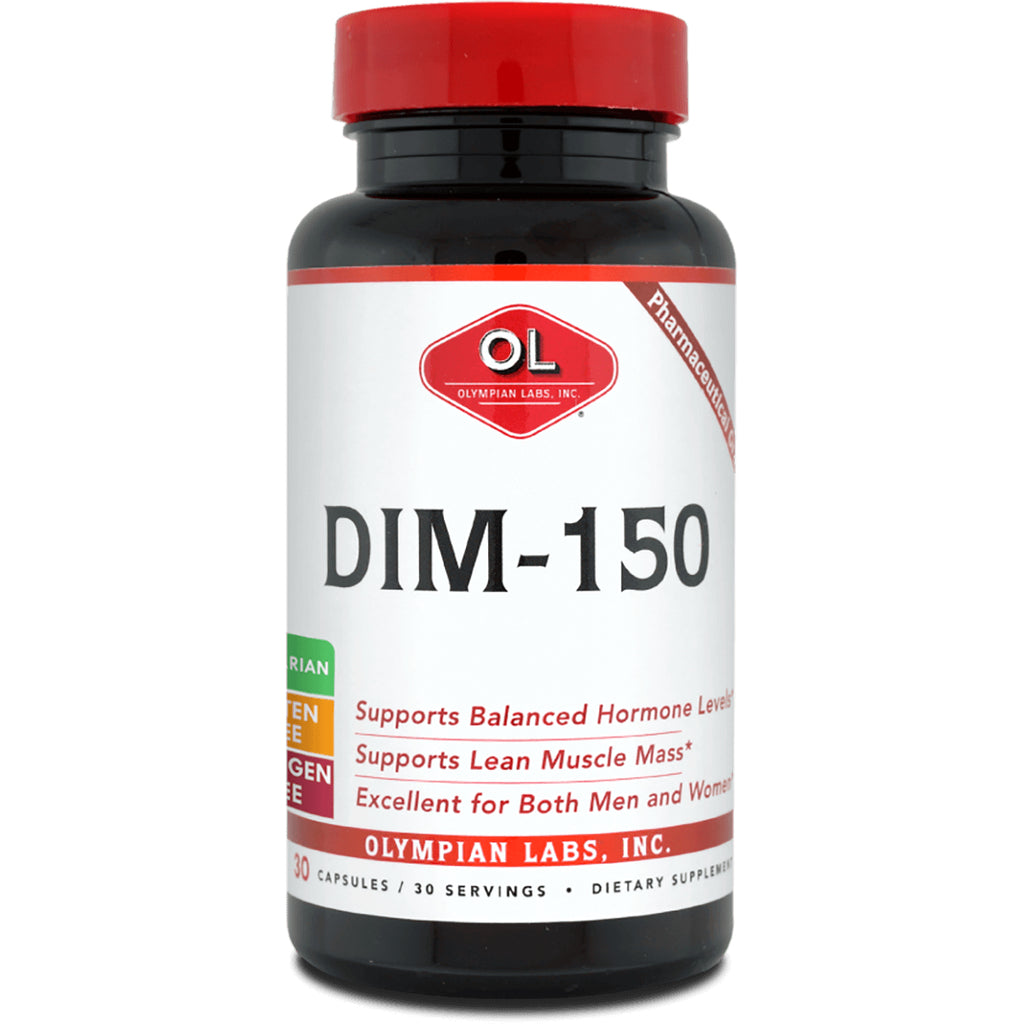 OL094 | DIM-150 supplement bottle with red cap and white label reading DIM-150 and Olympian Labs - Thumbnail