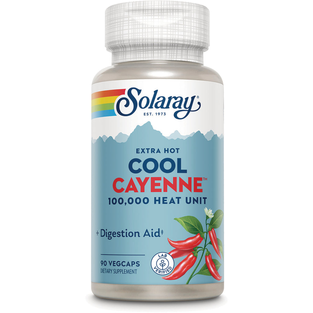 SLR304 | Solaray Extra Hot Cool Cayenne 100,000 Heat Unit digestion aid, 90 vegcaps dietary supplement bottle - Thumbnail