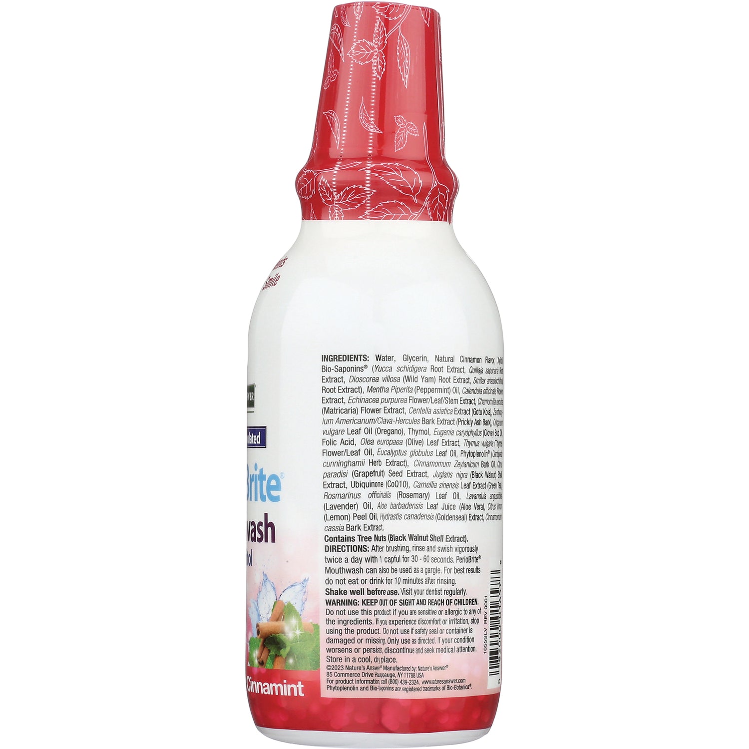 NAT175 | back label showing ingredients, directions, warnings and barcode on cinnamint mouthwash bottle
