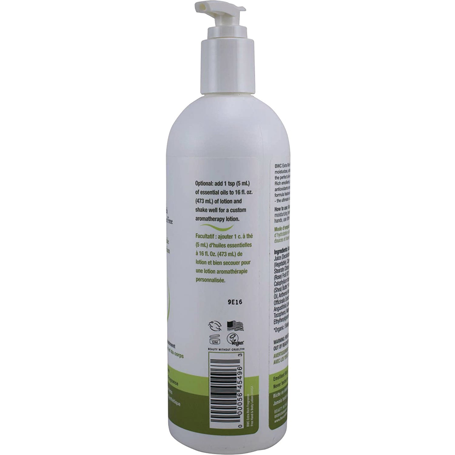 BWC112 | Back of white pump lotion bottle showing barcode, ingredient text, usage instructions and certification icons