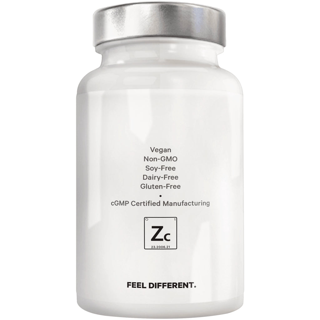 CDG050 | Back of white supplement bottle labeled Vegan; Non-GMO; Soy-Free; Dairy-Free; Gluten-Free; cGMP Certified Manufacturing; Zc logo; FEEL DIFFERENT - Thumbnail