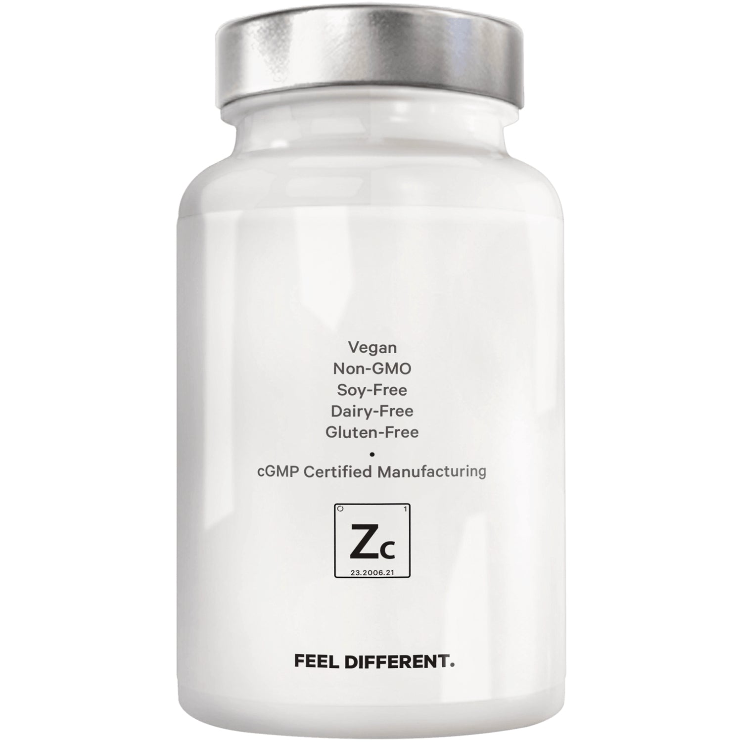 CDG050 | Back of white supplement bottle labeled Vegan; Non-GMO; Soy-Free; Dairy-Free; Gluten-Free; cGMP Certified Manufacturing; Zc logo; FEEL DIFFERENT