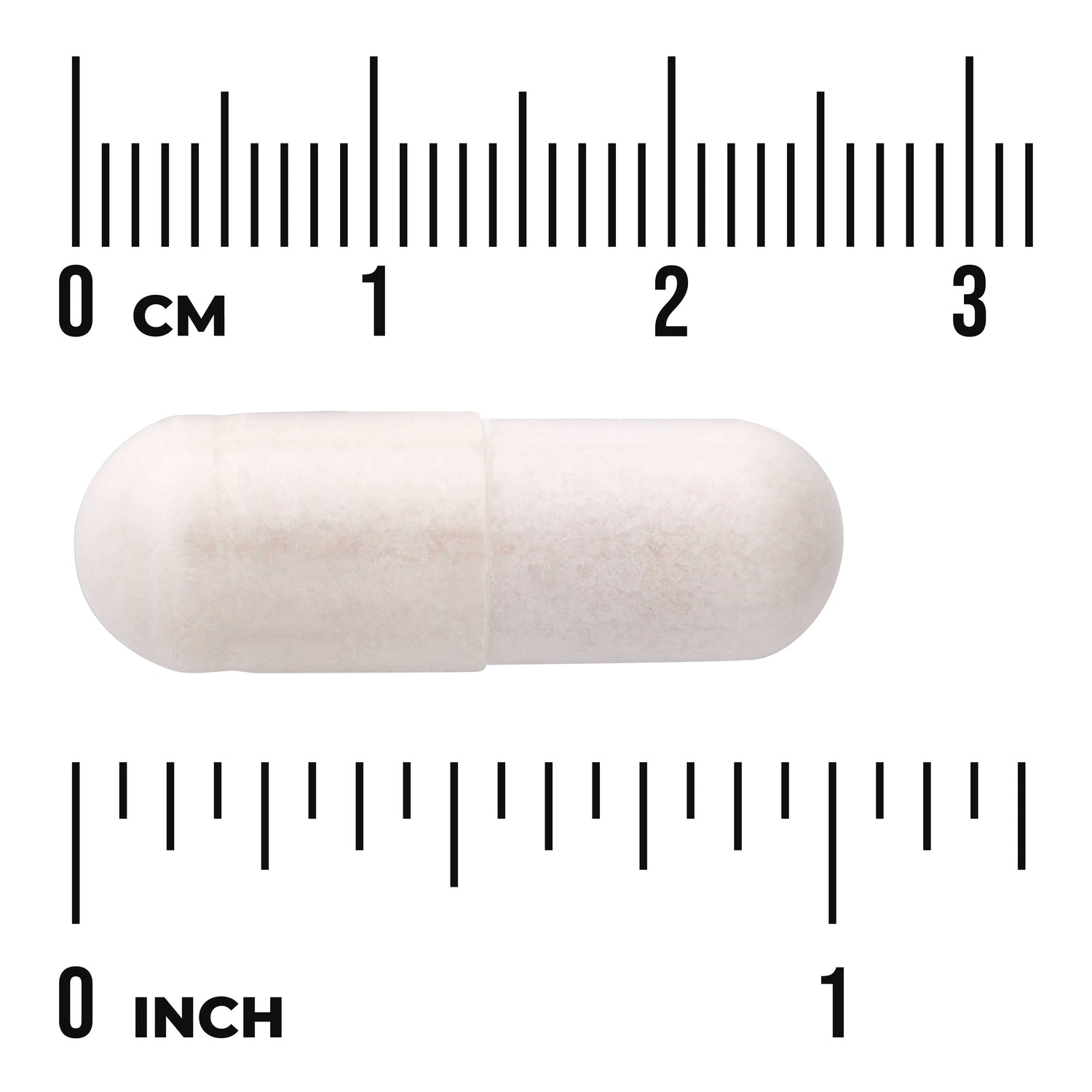 SW106 | White capsule on measurement rulers showing centimeters and inches, visible text "0 CM" and "0 INCH"